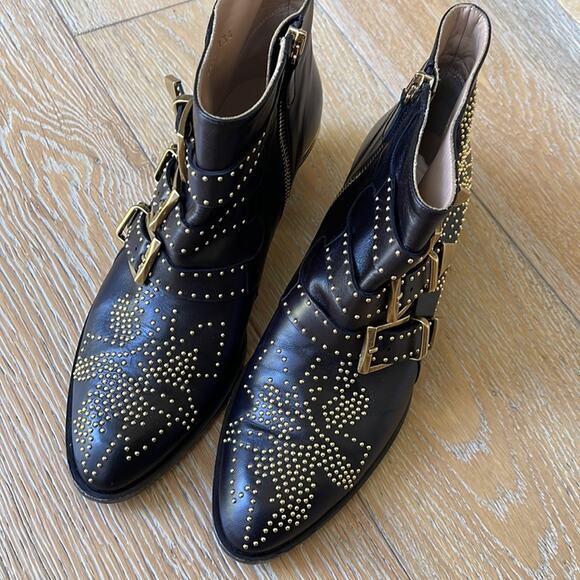 CHLOE Susanna Studded Leather Ankle Boots Black Gold 37.5 - Picture 4 of 10